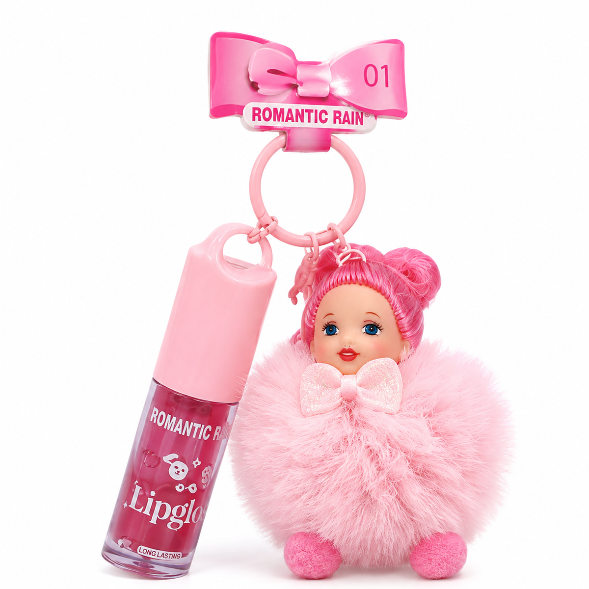 Llavero con Lip Gloss y Pom Pom de Muñeca
